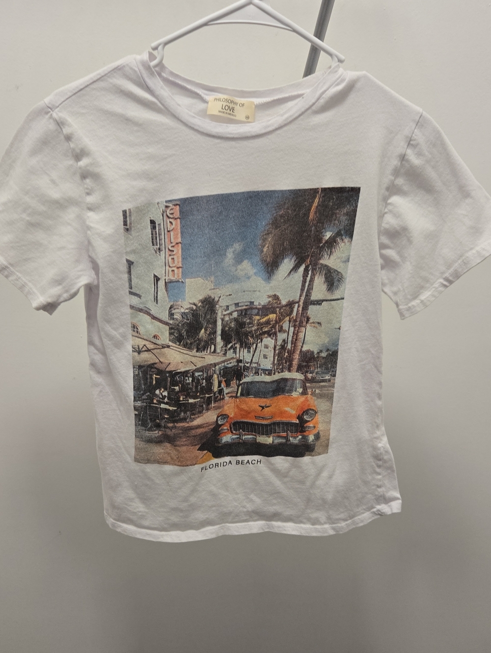 Kids White Graphic Tee with Orange Car Print - Florida Beach